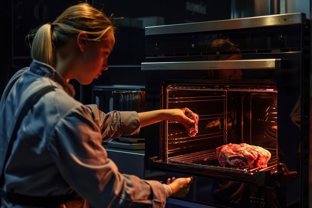 Woman lifting meat out of oven appliance cooking adult.