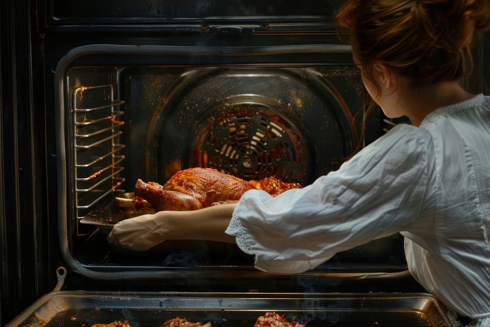 Woman lifting meat out of oven appliance cooking freshness.