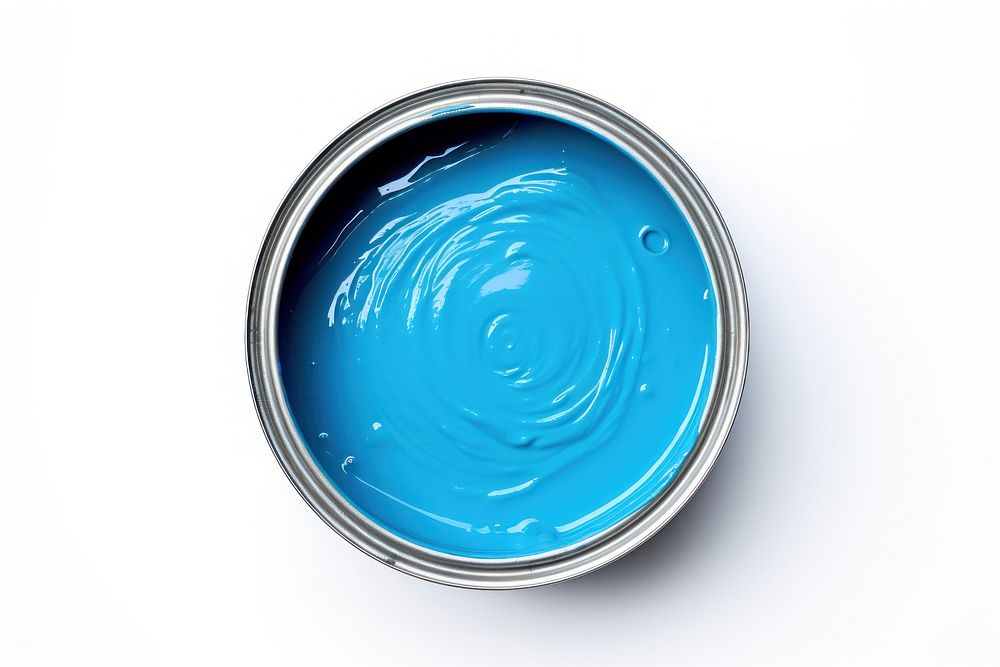 Open blue paint can white background turquoise jacuzzi.