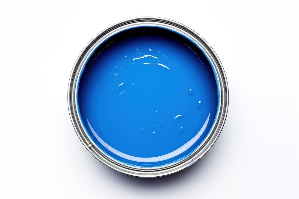 Open blue paint can white background turquoise circle.