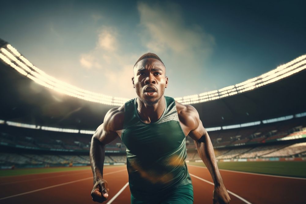 African American man run portrait running stadium.