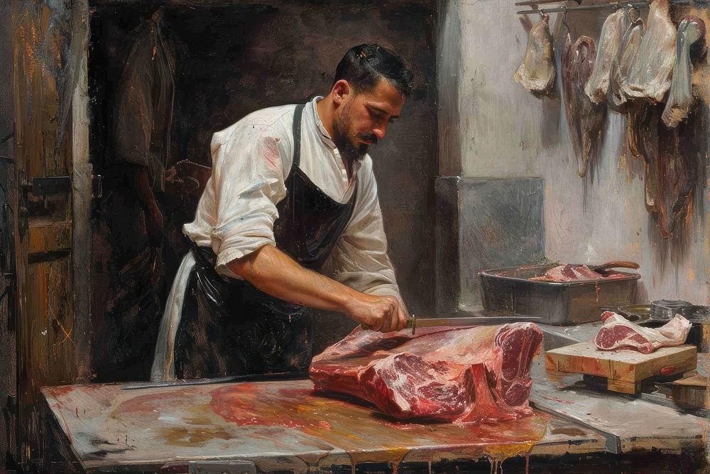 Butcher cuts a leg cut adult meat beef.