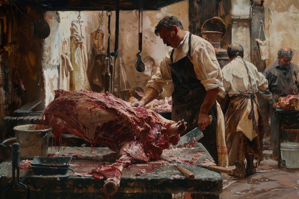 Butcher cuts a leg cut adult slaughterhouse architecture.
