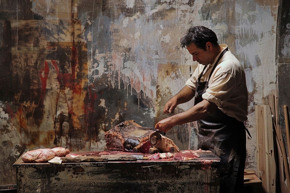 Butcher cuts a leg cut adult slaughterhouse freshness.