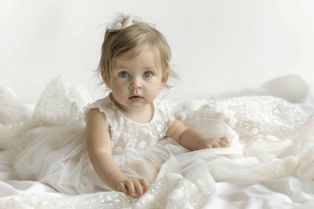 Baby girl portrait dress white.