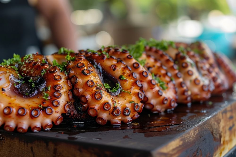Grill octopus slice food meat invertebrate.