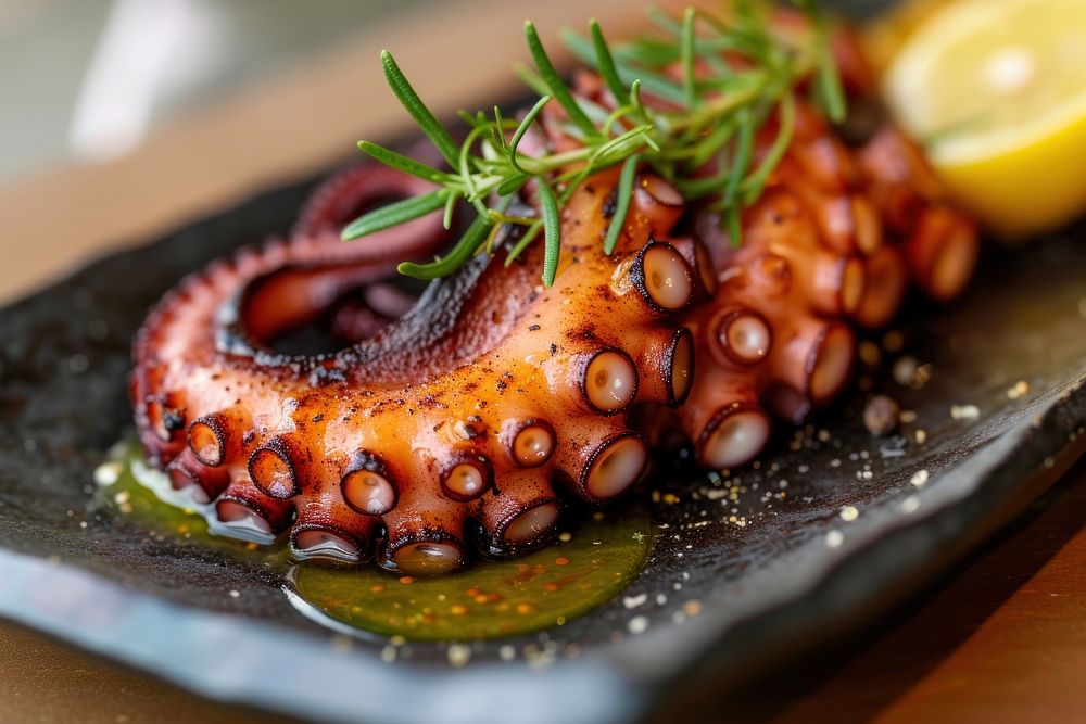 Grill octopus slice seafood invertebrate cephalopod.