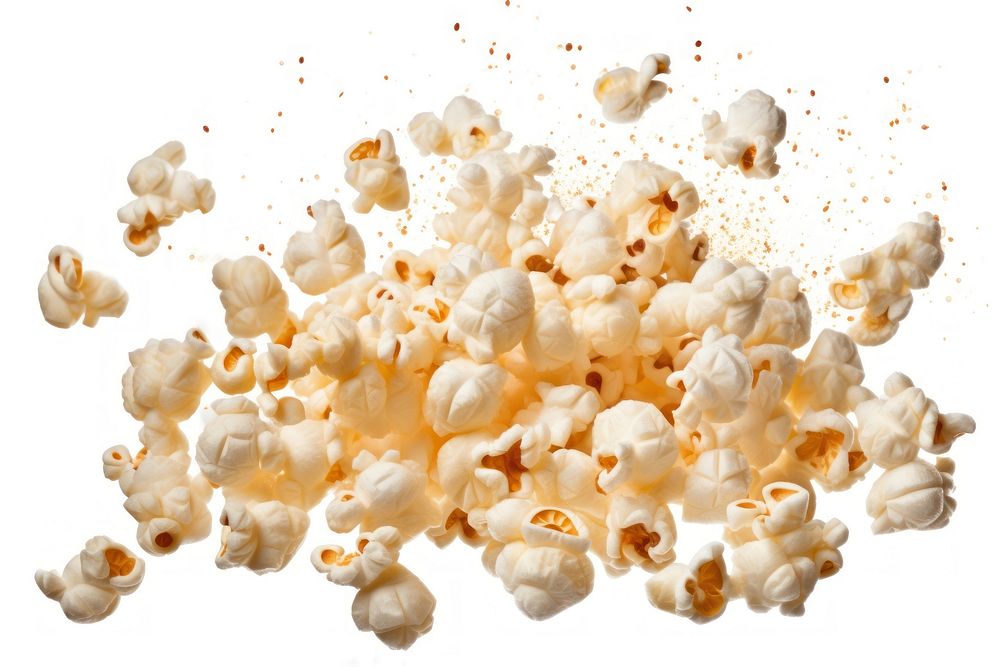 Popcorn grain falling snack food white background.
