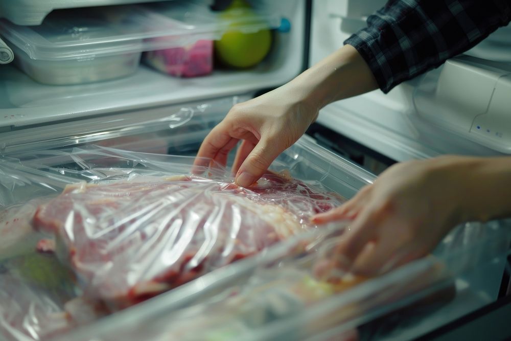 Hand opens the freezer and removes meat appliance cooking refrigerator.
