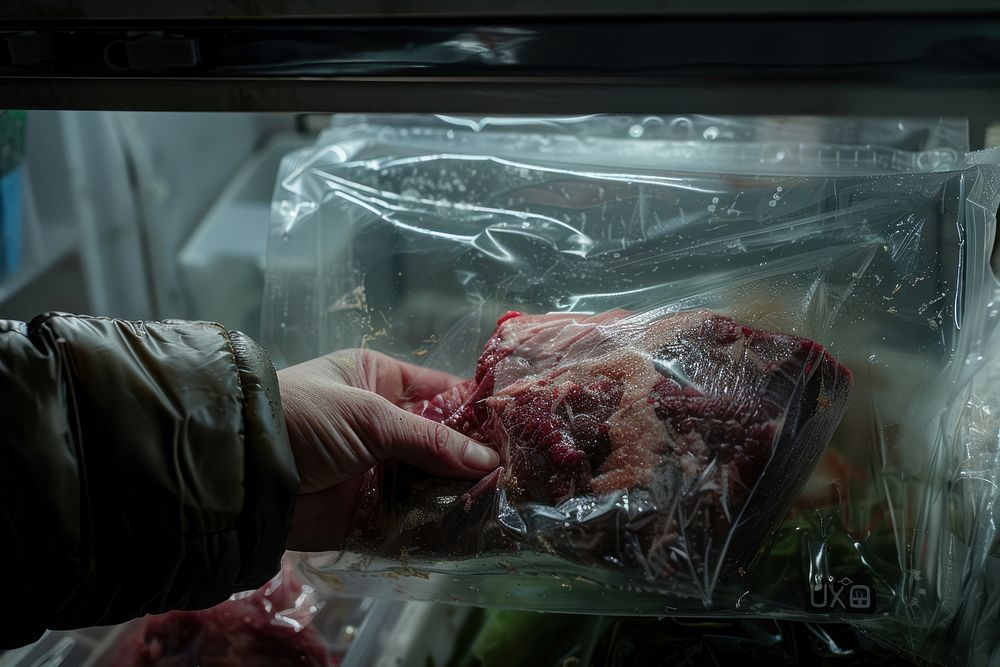 Hand opens the freezer and removes meat food accessories vegetable.
