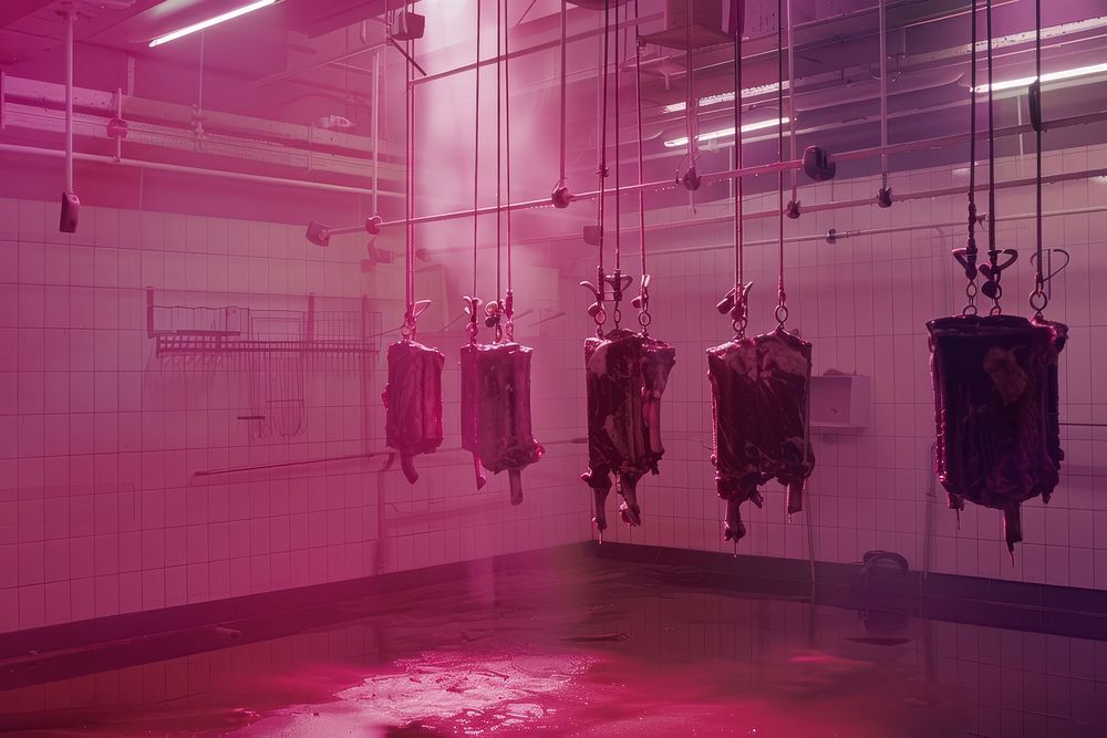 Hanging meat from hooks on racks slaughterhouse architecture illuminated.