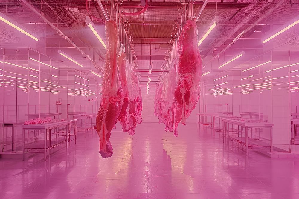 Hanging meat from hooks on racks food slaughterhouse freshness.