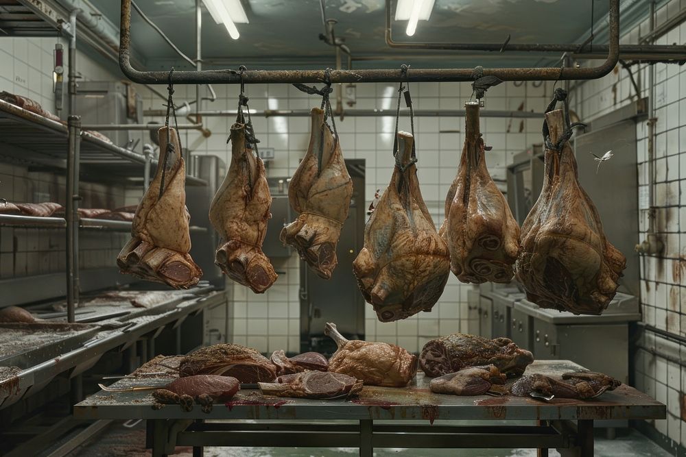 Hanging meats in a large meat food slaughterhouse freshness.