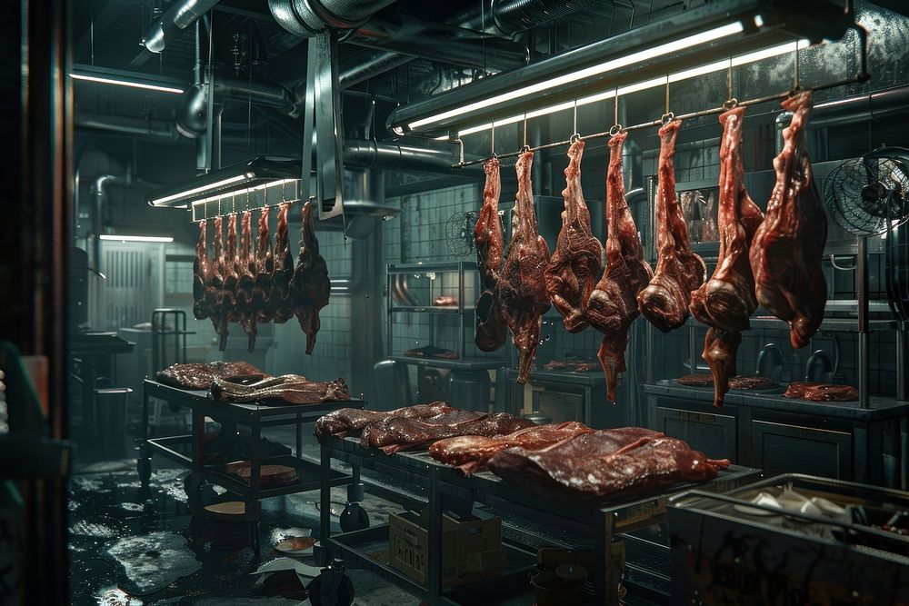 Hanging meats in a large meat food beef slaughterhouse.