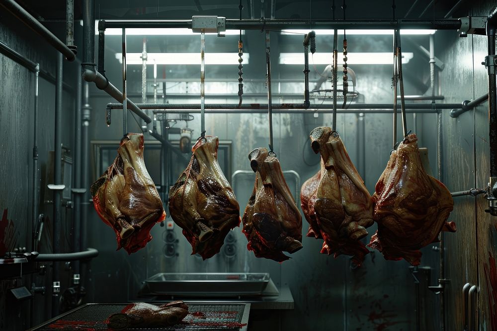 Hanging meats in a large meat animal food slaughterhouse.