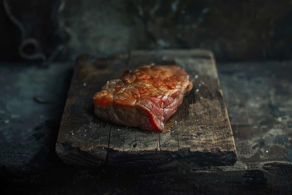 Piece of meat sitting on a wooden board table food pork.