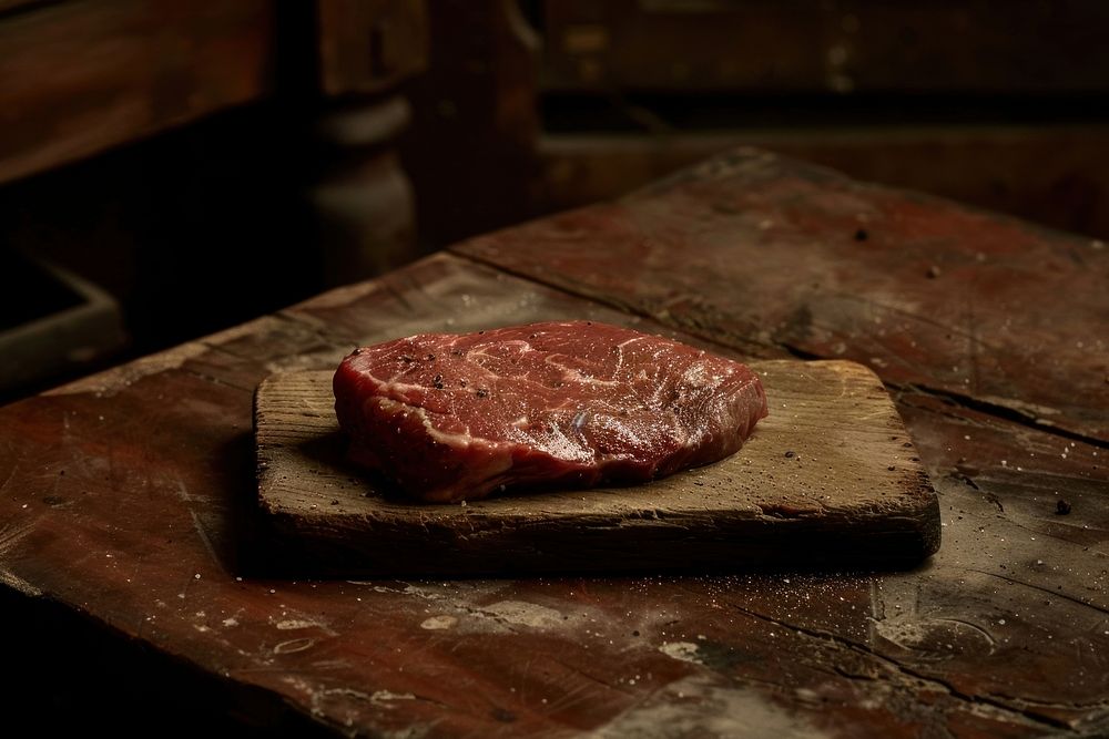Piece of meat sitting on a wooden board table beef food.