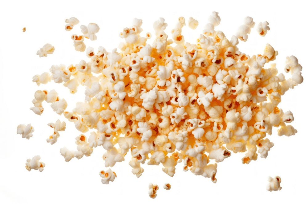 Popcorn grain falling snack food white background.