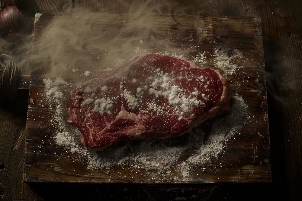 Ribeye on a brown wood meat steak food.