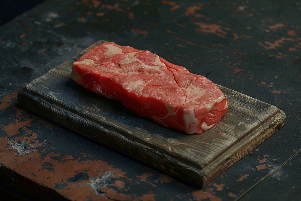 A slice of meat sitting on a wooden board beef food pork.