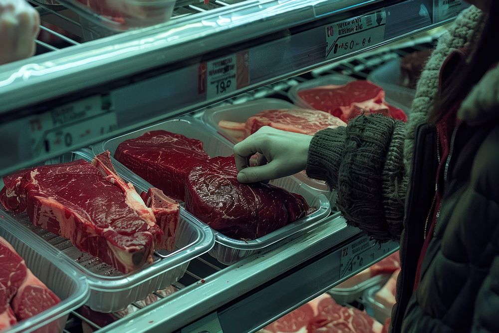 Picks out beef in trays in a supermarket adult meat food.