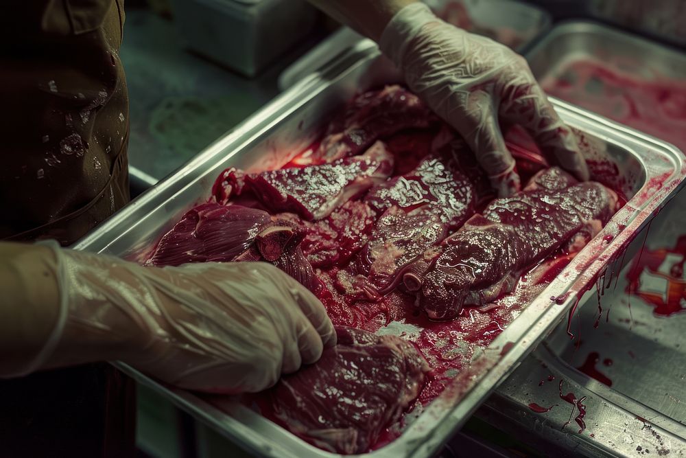 Picks out beef in trays in a supermarket food meat slaughterhouse.