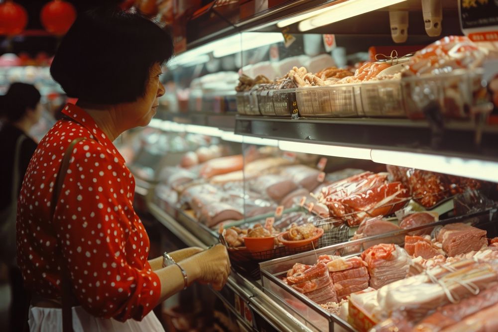 Woman checking different types meat market store.