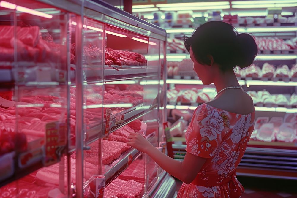 Woman checking different types market adult store.