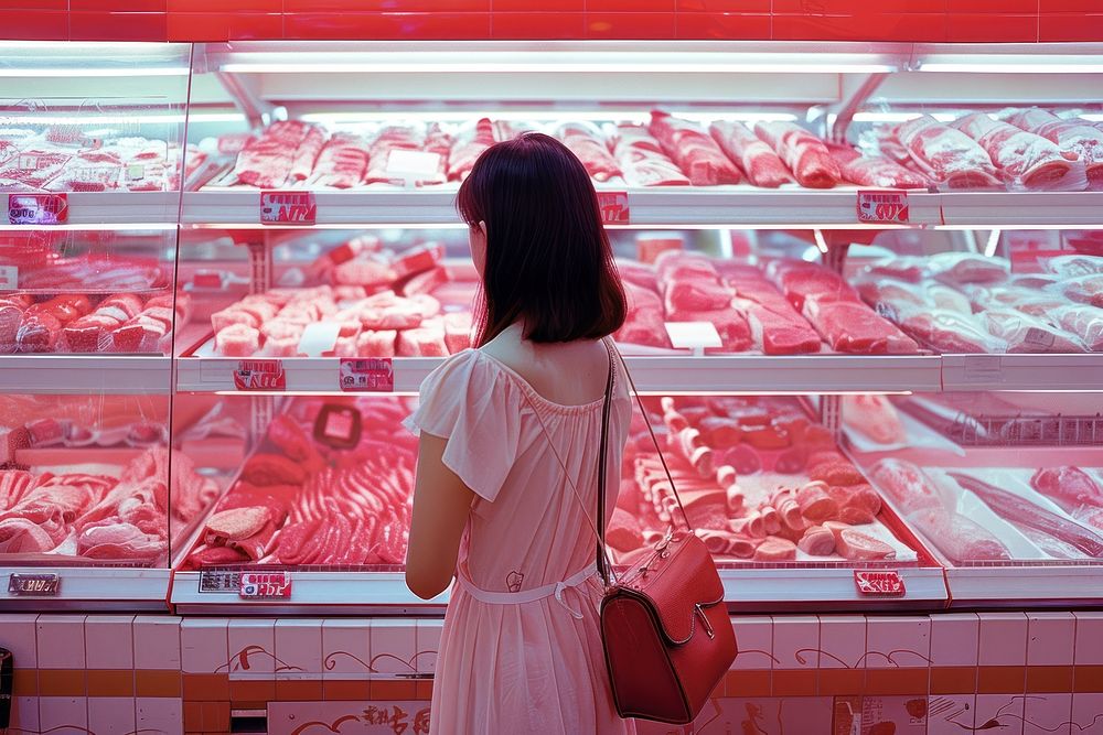 Woman checking different types store adult food.