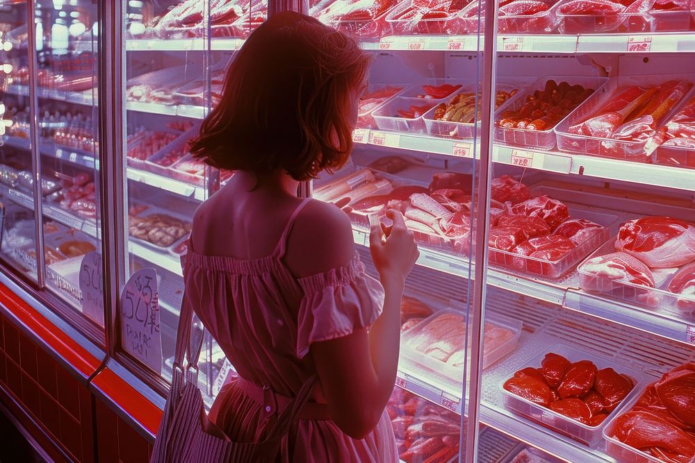 Woman choosing pork at the supermarket refrigerator adult food.