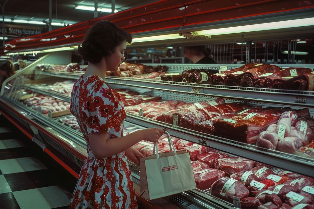 Woman choosing pork at the supermarket adult meat food.