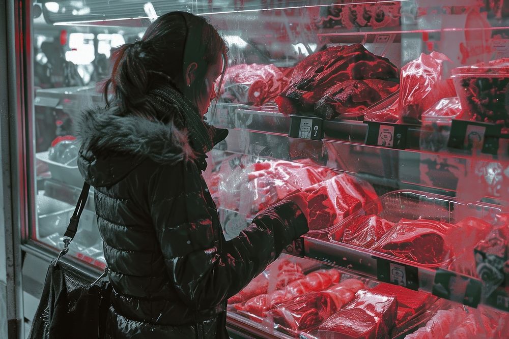 Woman choosing pork at the supermarket adult architecture consumerism.