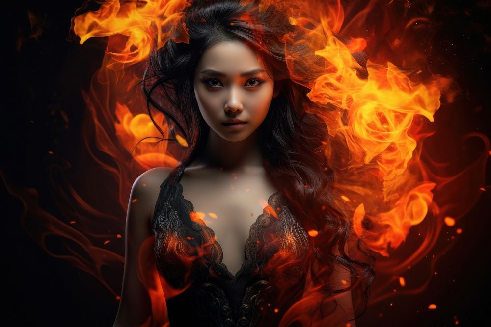 Asia woman fire portrait photo.