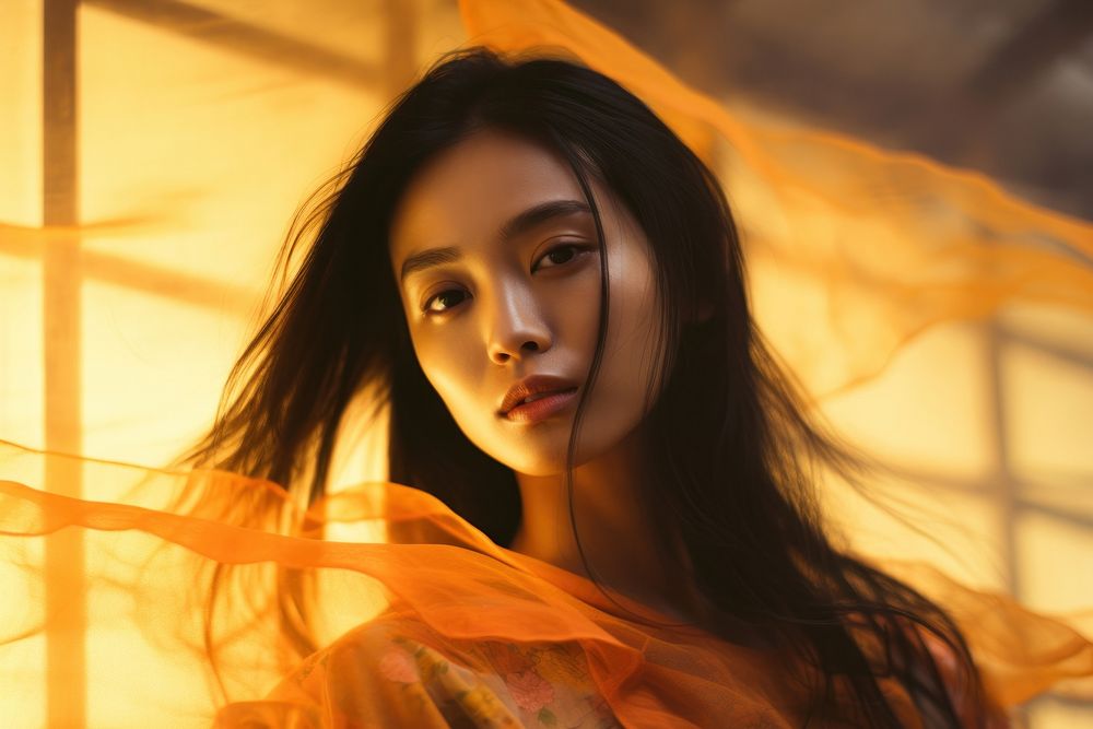 Asian woman light leaks photography portrait fashion.