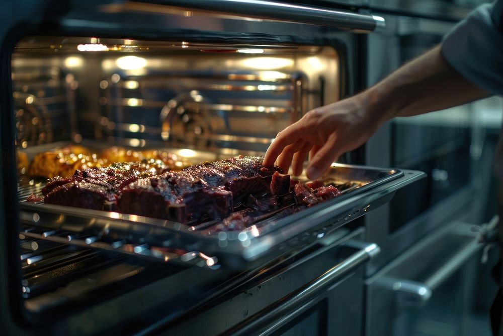Hand reaching into oven with some meat appliance cooking adult.