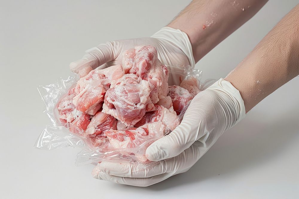 Hands holding meat clots glove food pink.