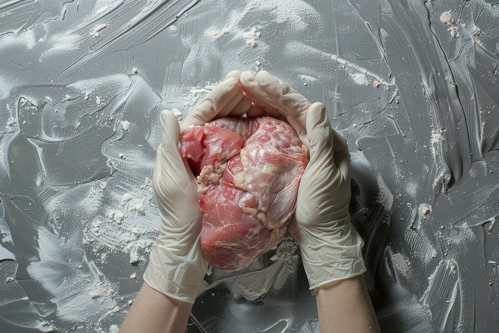 Hands holding meat clots glove pink freshness.