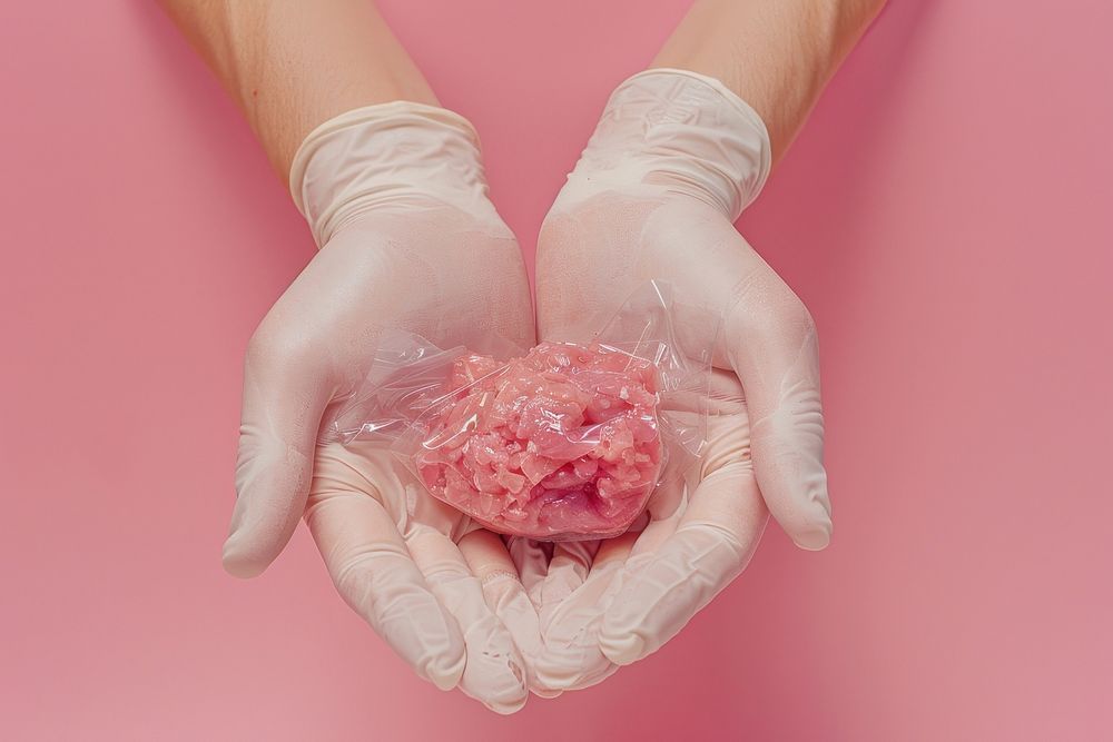 Hands holding meat clots pink freshness science.