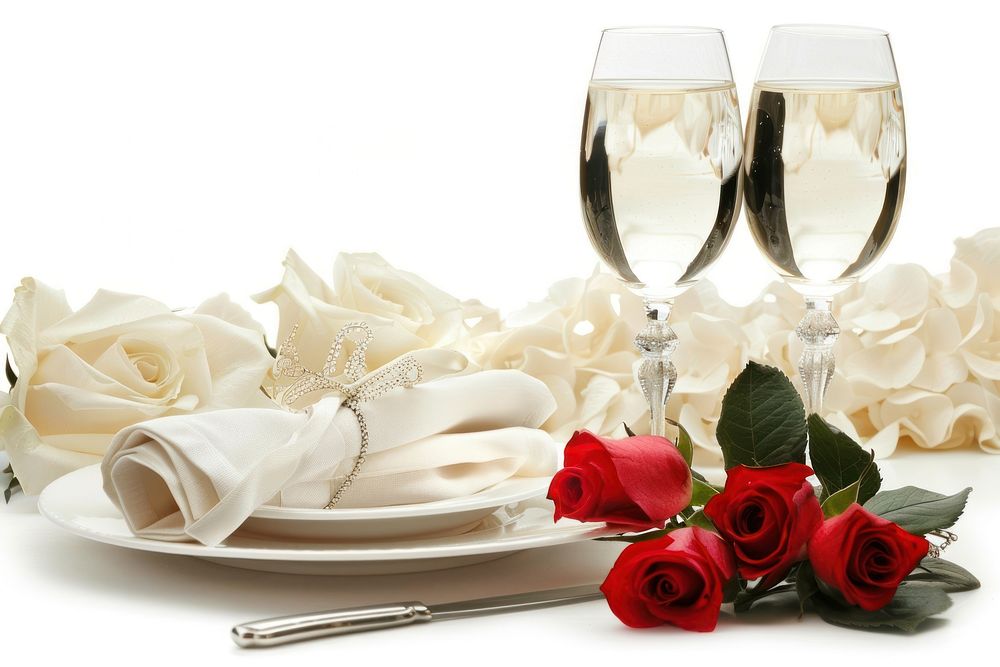 Honeymoon dinner in hotel wedding flower glass.