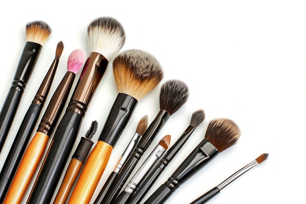 Makeup brushes cosmetics tool white background.