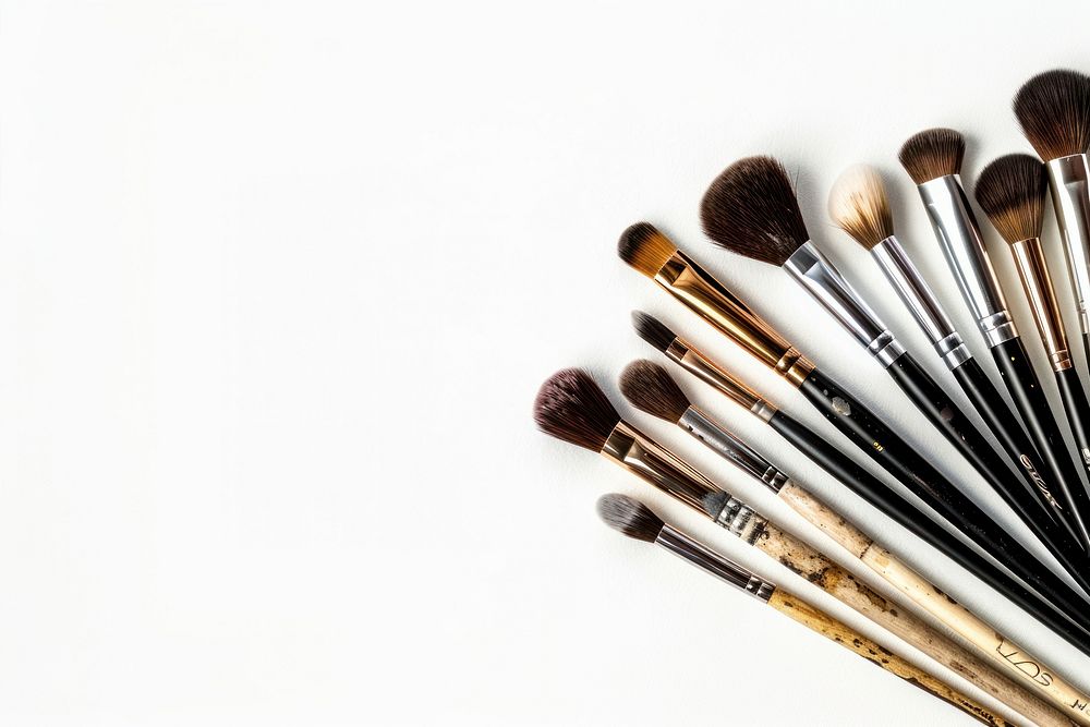 Makeup brushes cosmetics white background arrangement.