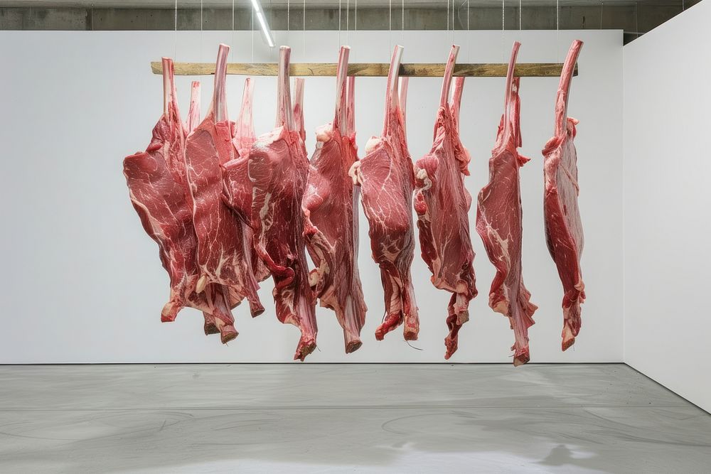 Meat hang is hanging on a drying rack pork beef slaughterhouse.