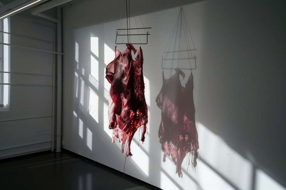 Meat hang is hanging on a drying rack beef slaughterhouse butcher.
