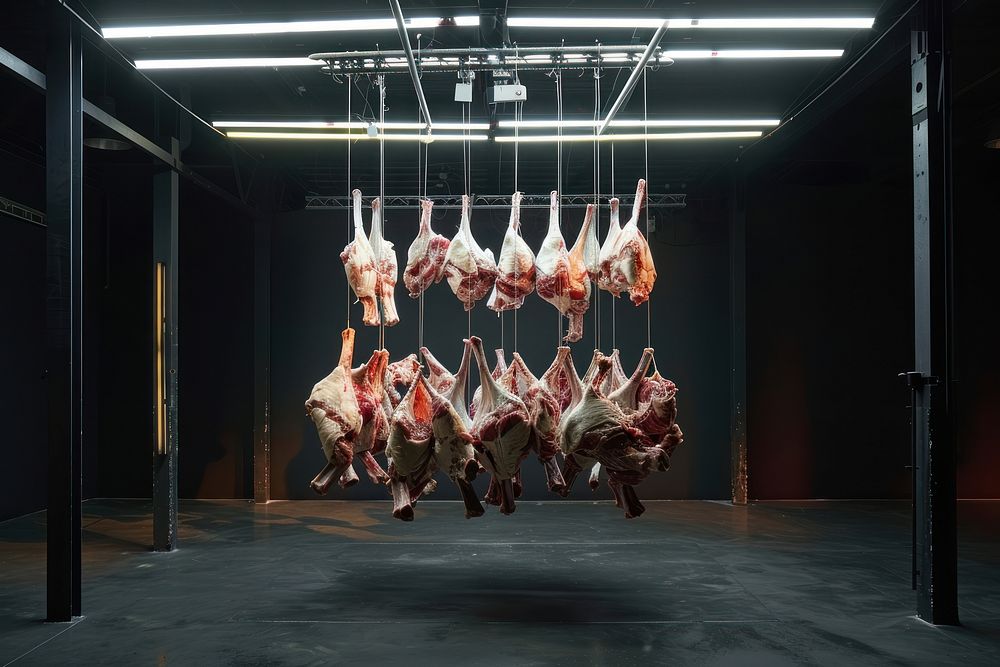 Meat hanging on a rack slaughterhouse performance lighting.