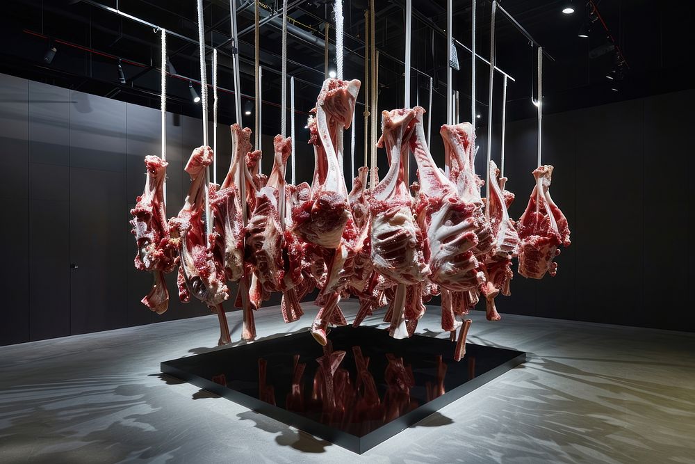 Meat hanging on a rack food slaughterhouse invertebrate.