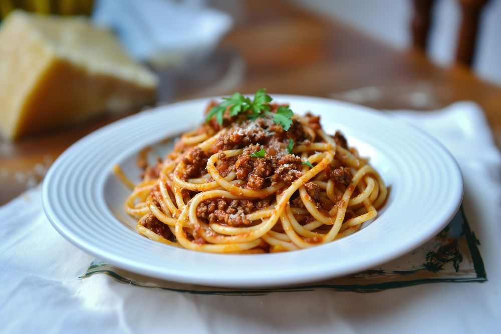 Paghettis bolognaise maison spaghetti pasta plate.