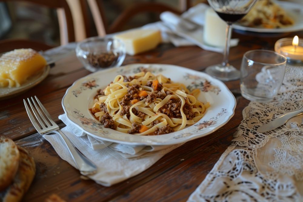 Paghettis bolognaise maison spaghetti brunch plate.