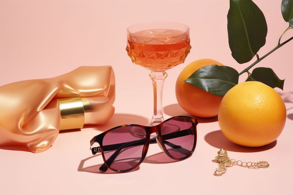 Peach still life grapefruit sunglasses plant.