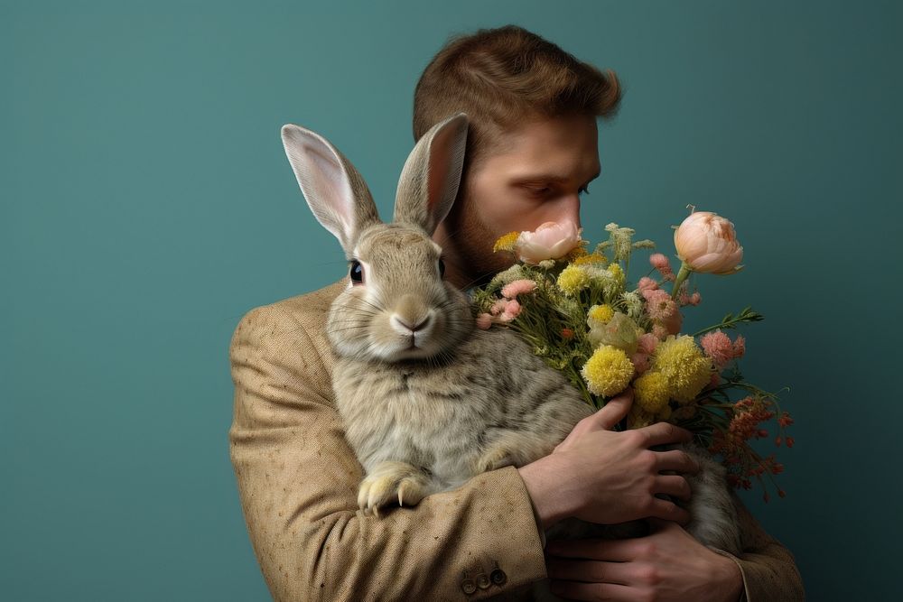 Person hugging a rabbit animal mammal flower.
