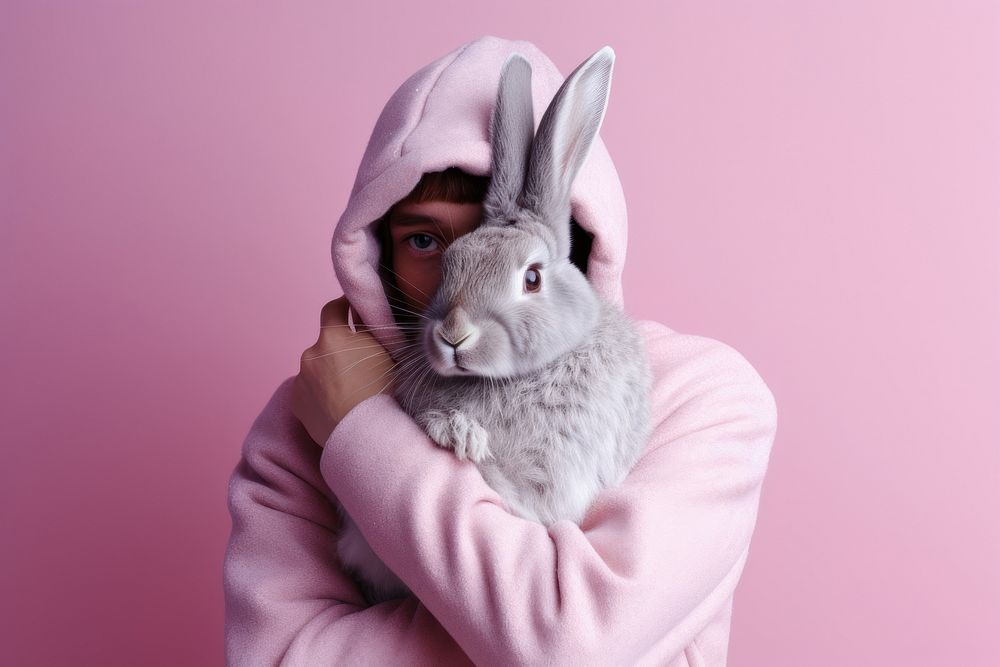 Person hugging a rabbit mammal animal photo.